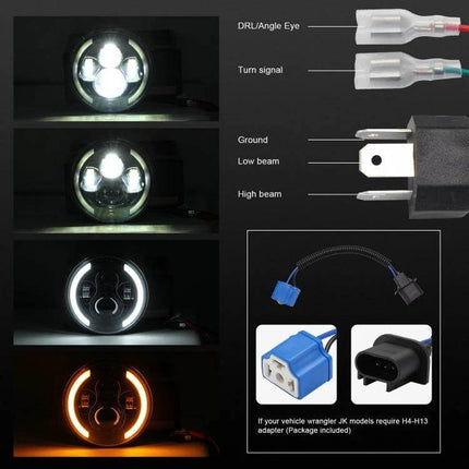 7 Inch LED Headlights For Jeep Wrangler Angel Eye Replacement showing DRL angel eye, low/high beam, turn signal, connectors and H4-H13 adapter