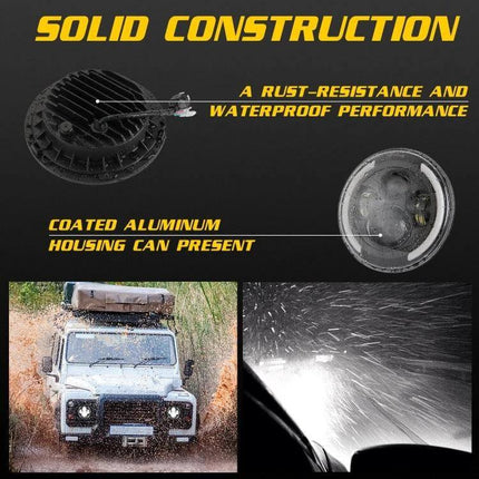 7 Inch LED Headlights For Jeep Wrangler Angel Eye Replacement - waterproof die-cast aluminum housing, LUMINUS LED chips, anti-fog rugged construction