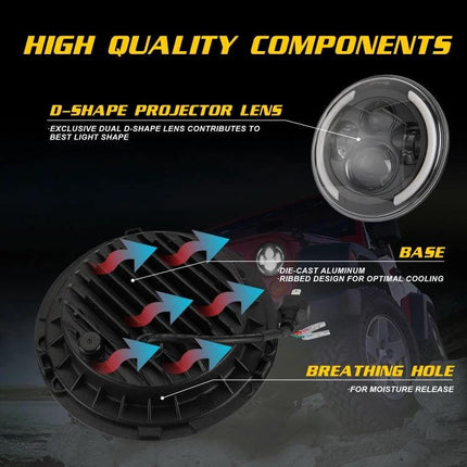 7 Inch LED Headlights For Jeep Wrangler Angel Eye Replacement - die-cast aluminum housing, D-shape projector lens, waterproof, anti-fog design