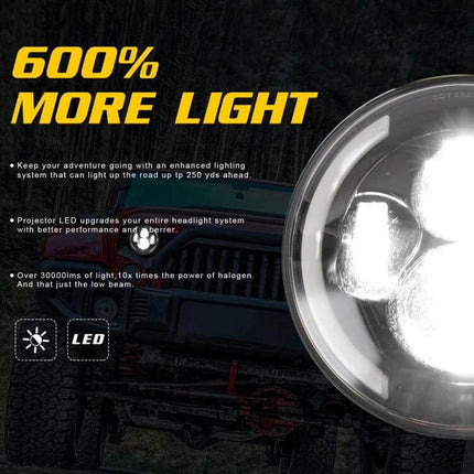 7 Inch LED Headlights For Jeep Wrangler Angel Eye Replacement - close-up projector LED headlight showing bright beam and 600% more light claim