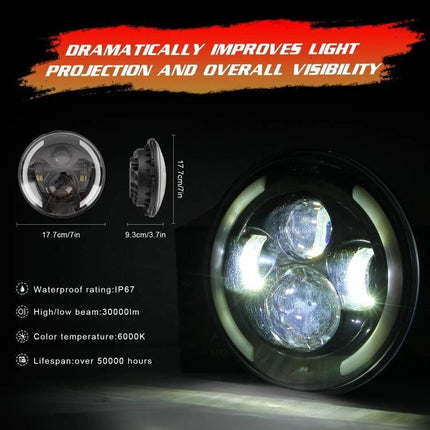 7 Inch LED Headlights For Jeep Wrangler Angel Eye Replacement waterproof die-cast aluminum LUMINUS chips high/low beam 6000K IP67