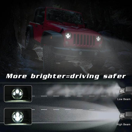 7 Inch LED Headlights For Jeep Wrangler Angel Eye Replacement showing bright low and high beam performance on a red Jeep in off-road conditions