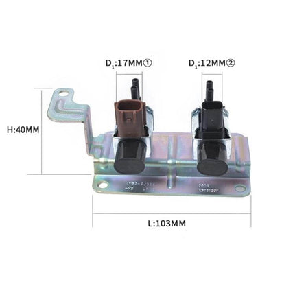Vacuum Solenoid Valve For Mazda Idle Speed Control direct-fit replacement for Mazda 3 5 6 CX-7, plastic and carbon steel construction, measurements shown