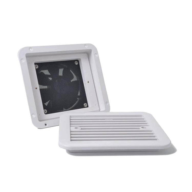12V White RV Air Vent With Fan For Fresh Air On The Go - white side vent with 12V blower fan for RVs, trailers and motorhomes