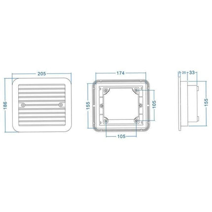 12V White RV Air Vent With Fan For Fresh Air On The Go technical dimension diagram showing front, back, and side views