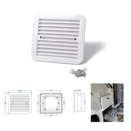 12V White RV Air Vent With Fan For Fresh Air On The Go - white side vent with blower fan, screws and installation diagram for RVs and trailers