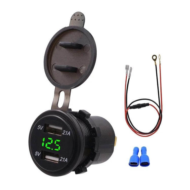 Car USB Charger Dual Port With LED Voltmeter For Cars And Trucks compact dual usb car charger with green LED voltmeter and wiring kit