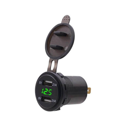 Car USB Charger Dual Port With LED Voltmeter For Cars And Trucks - black dual USB car charger with green LED voltmeter and protective cap