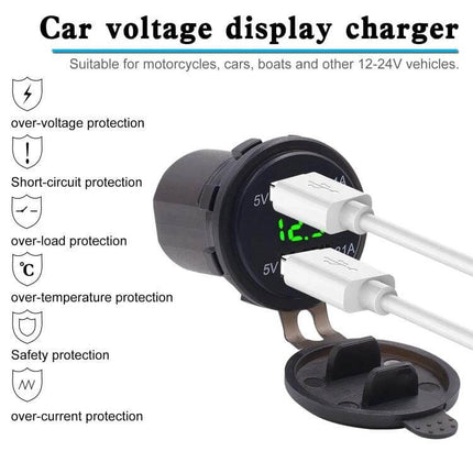 Car USB Charger Dual Port With LED Voltmeter For Cars And Trucks compact dual-USB 12-24V voltmeter socket with protective cap and cables