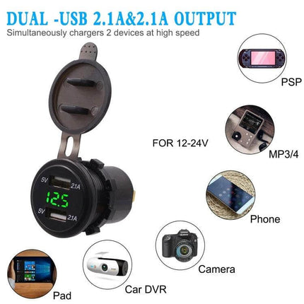 Car USB Charger Dual Port With LED Voltmeter For Cars And Trucks compact dual-USB car charger with LED voltmeter 12-24V, 4.2A total, shown powering phone and camera