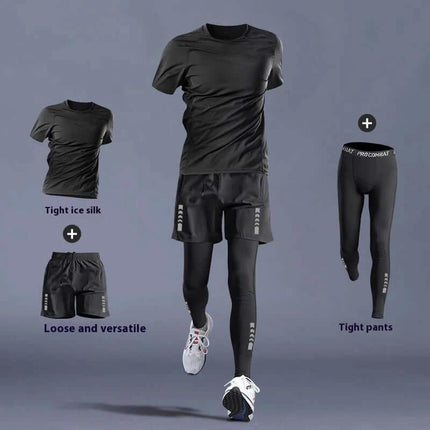 Running T Shirt Quick Dry For Training black multi-piece set with shorts, tights and breathable quick-dry fabric