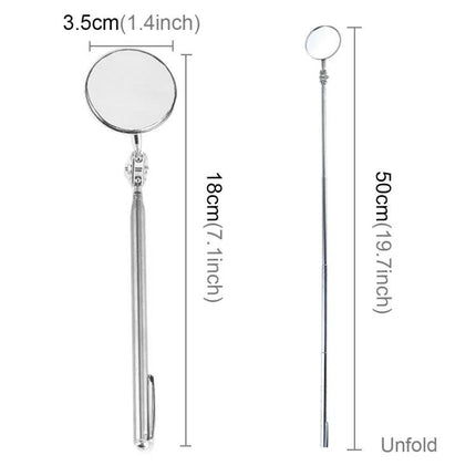 Compact Telescoping Mirror for Inspecting Car Undercarriage at Home showing folded 18cm and extended 50cm lengths with 3.5cm round mirror