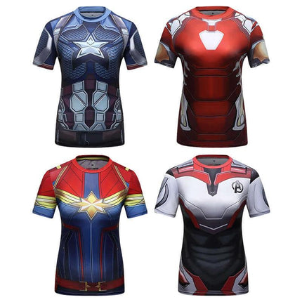 Yoga Fitness Short Sleeve T Shirt Breathable Polyester Tee - Four superhero print athletic quick-dry shirts in blue red and white