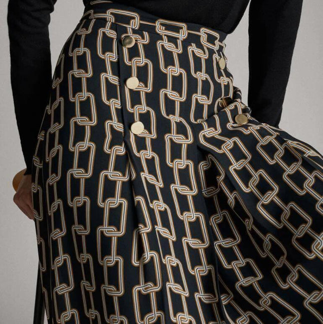 Spain Spot Print High Waist Skirt For Everyday Wear navy long A-line skirt with subtle spot pattern and gold button detail