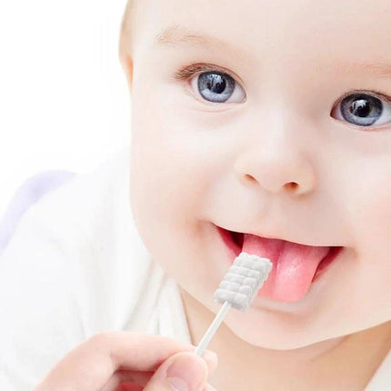 CUYUANSD Baby Tongue Cleaning Gauze Swabs, Spiral Pattern, 30 Pieces Per Can being used to gently clean an infant’s tongue and mouth