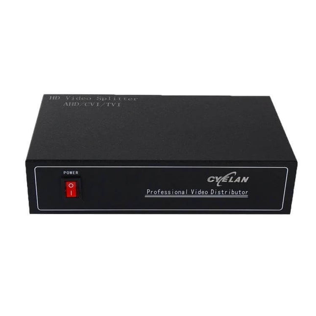 Coaxial AHD CVI TVI Video Signal Splitter for 1 to 8 Distribution - black professional video distributor box with power switch