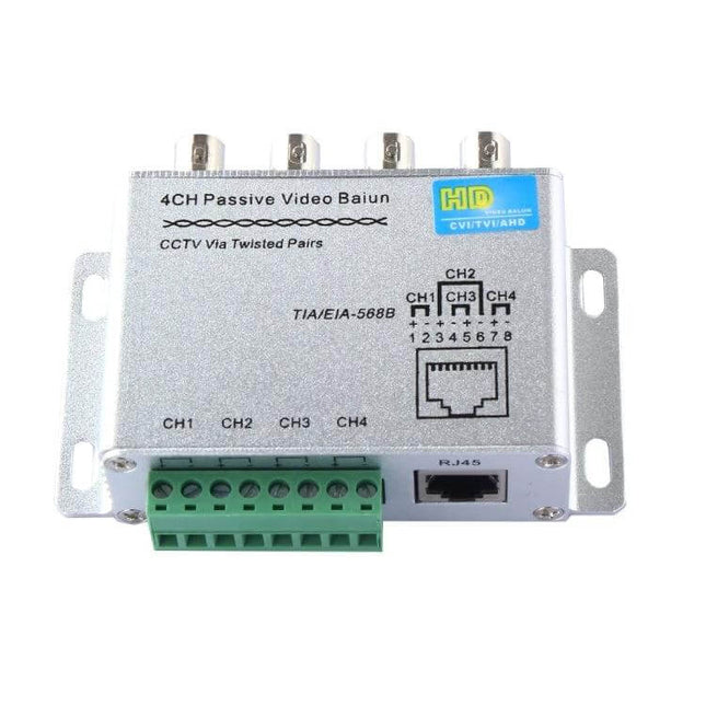Passive Four-Channel Video Balun for Security Camera Monitoring - silver 4-channel passive video balun with BNC and RJ45 for CCTV over Cat-5