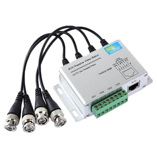 4-Channel Passive Video Balun for CCTV Monitoring Systems, silver 4-channel passive balun with BNC leads and RJ45 port