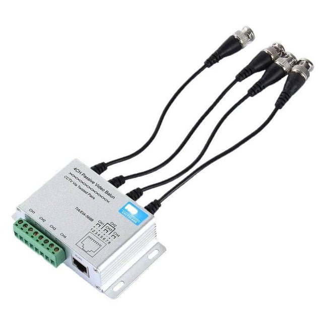 4-Channel Passive Video Balun for CCTV Monitoring Systems - compact silver balun with four BNC leads for transmitting CCTV video over Cat-5