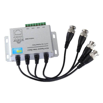 4-Channel Passive Video Balun for CCTV Monitoring Systems with four BNC cables and Cat-5 terminal block for multi-camera installations