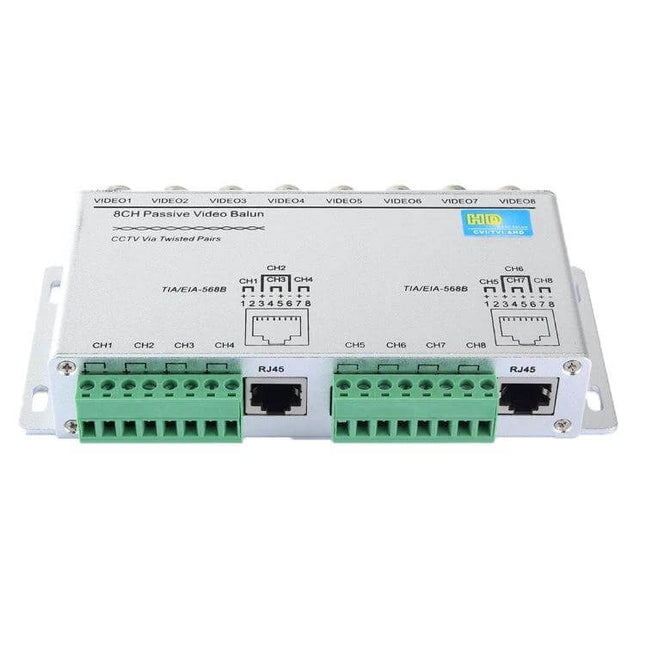 HD208 8-Channel Passive Video Balun for CCTV Transmission white metal unit with RJ45 and screw terminal ports
