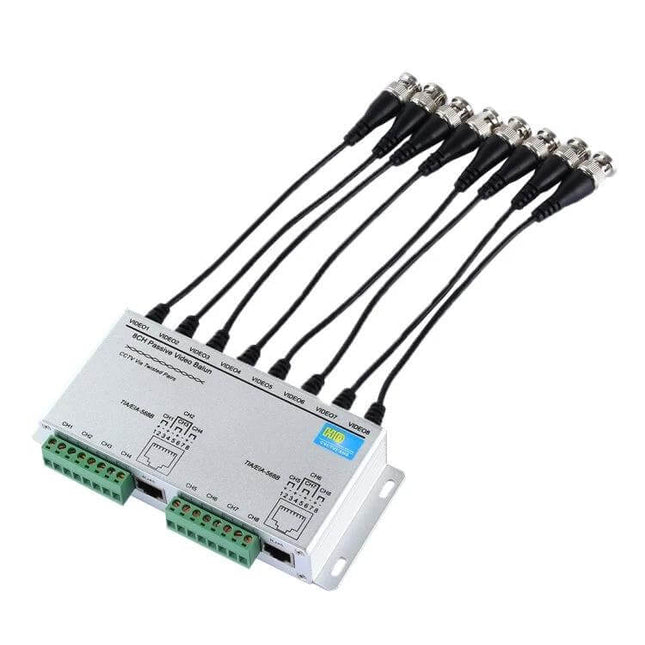 Passive 8-Channel Video Balun for CCTV Security Monitoring, silver 8-way passive balun with BNC pigtails and Cat-5 terminal block for multi-camera systems