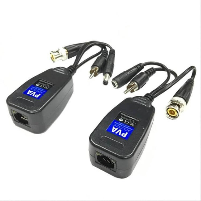 Anpwoo 3-in-1 Power, Video, and Audio Passive Transceiver showing two black RJ45 baluns with BNC, RCA and power connectors