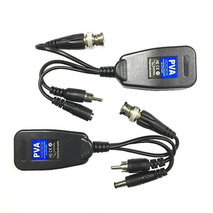 Anpwoo 3-in-1 Power, Video, and Audio Passive Transceiver showing two transceiver units with BNC, RCA, and DC connectors for CCTV installations