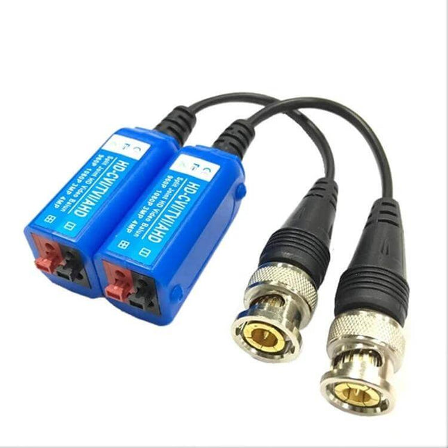 Anpwoo Screwless Passive Video Balun for Coaxial Transmission - pair of blue screwless baluns with BNC connectors for CCTV video over coax