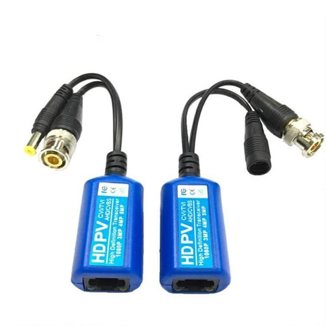 Anpwoo 2-in-1 Power and Video Balun for Twisted Pair Systems blue HD video and power balun pair with BNC and DC connectors