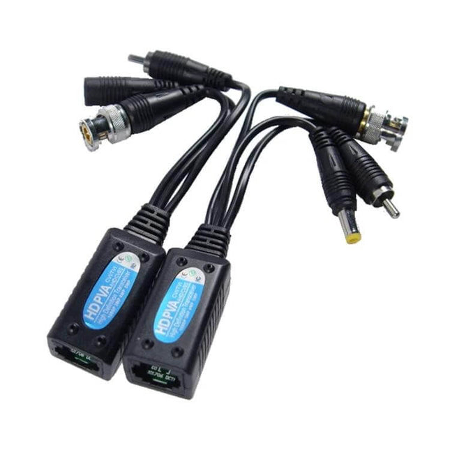 Anpwoo Passive Twisted Pair Balun for Video and Audio Transmission — pair of black baluns with BNC and power connectors for CCTV over twisted pair