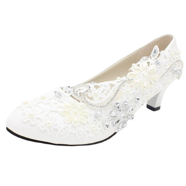White Lace Bridal Wedding Shoes With Rhinestone Accent 5cm Heel - white lace pumps with floral appliqué and rhinestone accents, 5cm square heel