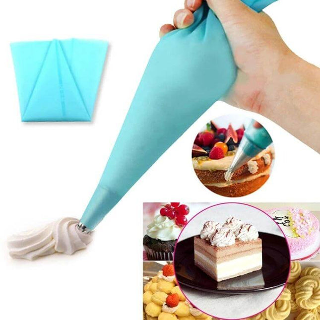 Cake Decorating Tools Set With EVA Pastry Bag 8 Piece - reusable silicone piping bag set shown piping frosting on cake and cupcakes