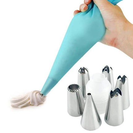 Cake Decorating Tools Set With EVA Pastry Bag 8 Piece - reusable silicone pastry bag with metal piping nozzles for frosting cakes and cookies