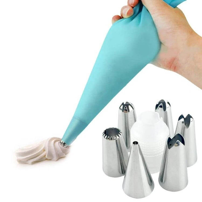 Cake Decorating Tools Set With EVA Pastry Bag 8 Piece - reusable silicone pastry bag with metal piping nozzles for frosting cakes and cookies