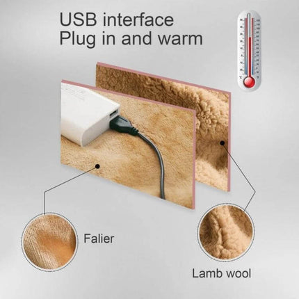 Electric Blanket With Hand Warmer Camel For Desk And Travel showing USB plug, soft flannel front and lamb wool sherpa back for quick warmth