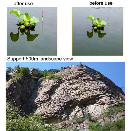 Camman Fishing Binoculars 3x28 Adjustable Focus For Outdoor Use compact optics showing before/after close-up and 500m landscape view
