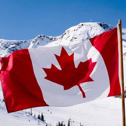 Canada Flag 150x90cm For Home And Office Display Indoors – indoor Canadian flag waving against snowy mountain backdrop