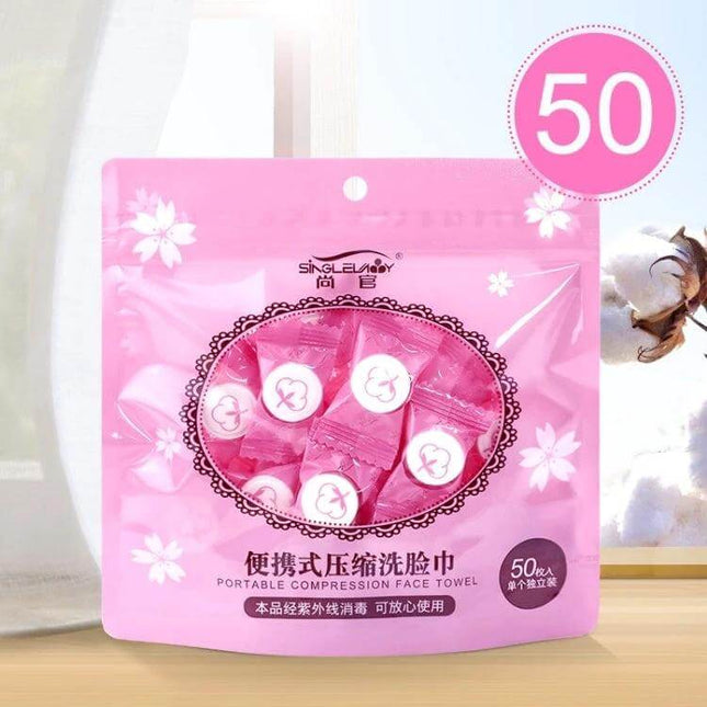 Candy Style Portable Disposable Travel Cotton Towel 22x20cm, 50 Pack - pink travel compressed cotton towels pouch