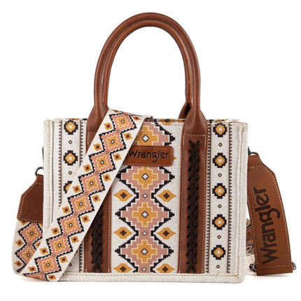 Women's One Shoulder Bohemian Canvas Handbag For Everyday Use - Milky white patterned canvas shoulder bag with embroidered strap and leather trim