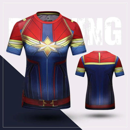 Yoga Fitness Short Sleeve T Shirt Breathable Polyester Tee showing front and back red blue star-print quick-dry workout top