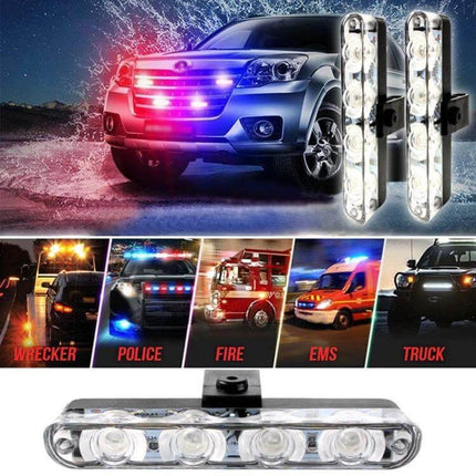 Car Grille LED Warning Lights 4in1 With Wireless Remote mounted on vehicle grille showing red and blue multi-mode emergency lighting