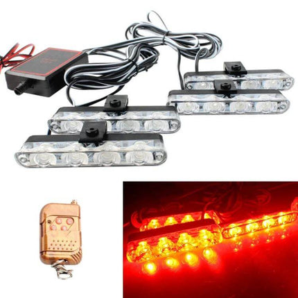 Car Grille LED Warning Lights 4in1 With Wireless Remote mounted grille kit showing four LED modules, wiring, controller and red warning beam