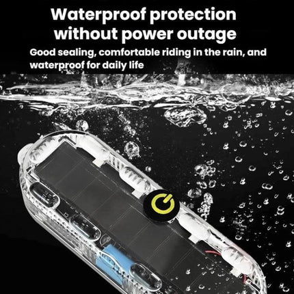 Car Solar-Powered Anti-Collision Warning Light 2-Pack showing waterproof solar LED housing with power button under water droplets