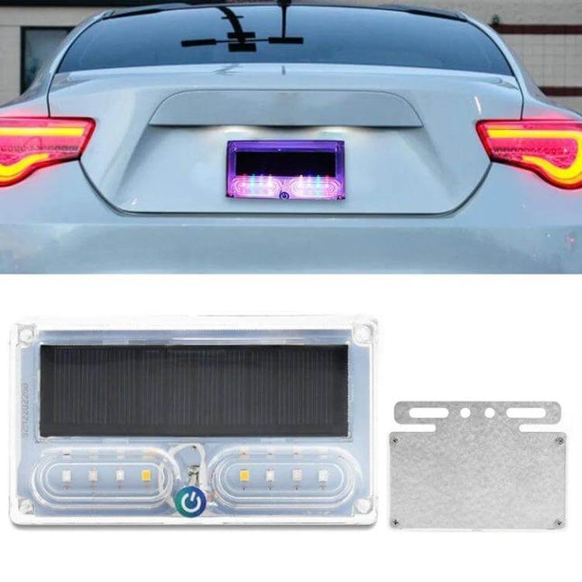 Car Solar Warning Light for Rear LED Tail Light All Weather mounted above license plate on car showing solar panel and bright LEDs