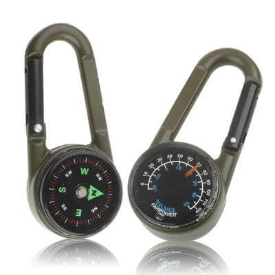 Carabiner Key Compass and Thermometer for Hiking Gear - compact metal carabiner with built-in compass and thermometer for backpack or belt loop