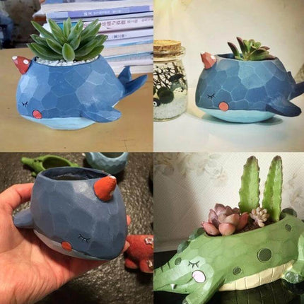 Cartoon Animal Shaped Plant Pot Resin For Home And Garden - Whimsical resin whale and crocodile succulent pots for desks and shelves