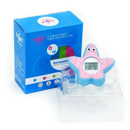 Cartoon Children Bath Water Thermometer With Digital Display pink starfish design showing digital temp and waterproof alarm for safe baby baths