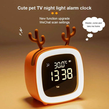 Cartoon Deer Alarm Clock For Kids USB Rechargeable - orange cartoon deer bedside clock with digital display, LED night light and USB charging