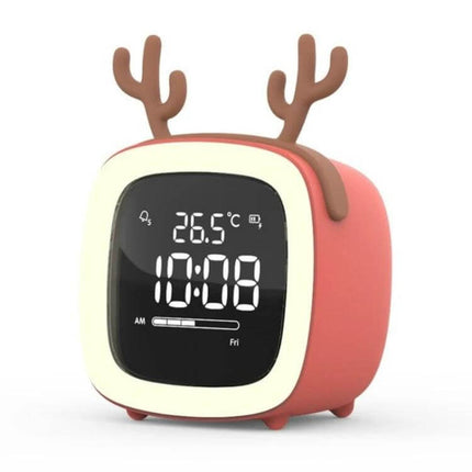 Cartoon Deer Alarm Clock For Kids USB Rechargeable - pink deer-themed bedside clock with digital display, temperature and USB charging, compact kid-friendly design